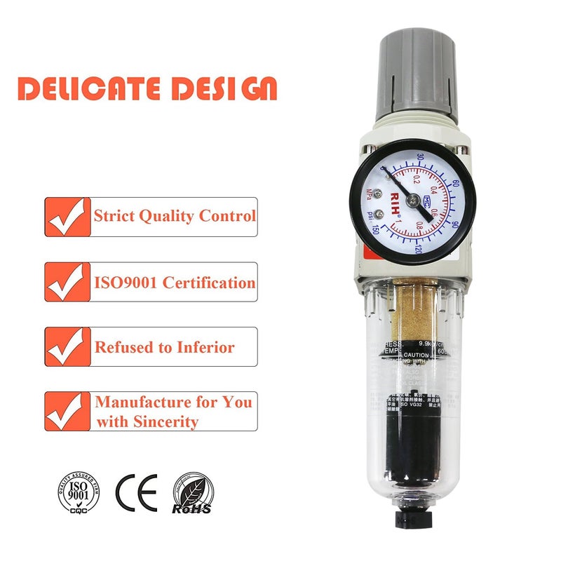 RH 1/4" NPT Auto Drain Compressed Air Filter Regulator Combo Piggyback, 5 Micron Brass Element, Poly Bowl, Metal Bracket, 0-150 psi Gauge Air Tool Compressor Filter with Gauge (1/4" NPT) - Image 4